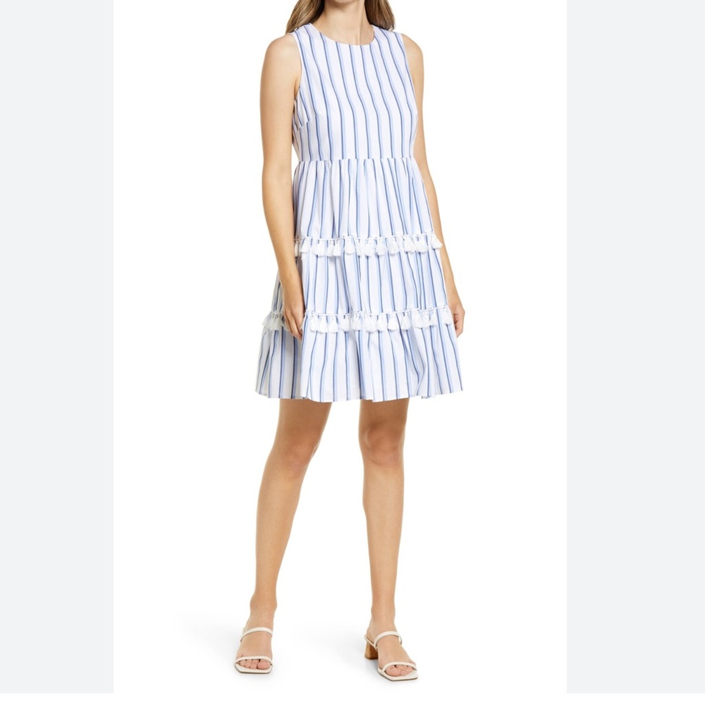 Eliza J Cabana Striped Tassel Tiered Tank Dress